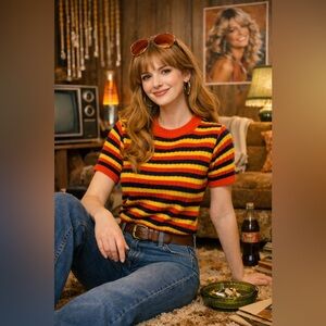 70s retro vintage ribbed striped sweater red yellow & blue